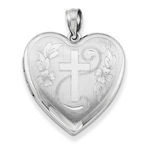 Sterling Silver Cross Heart Locket Rhodium-plated 24mm D/C New Religious 925